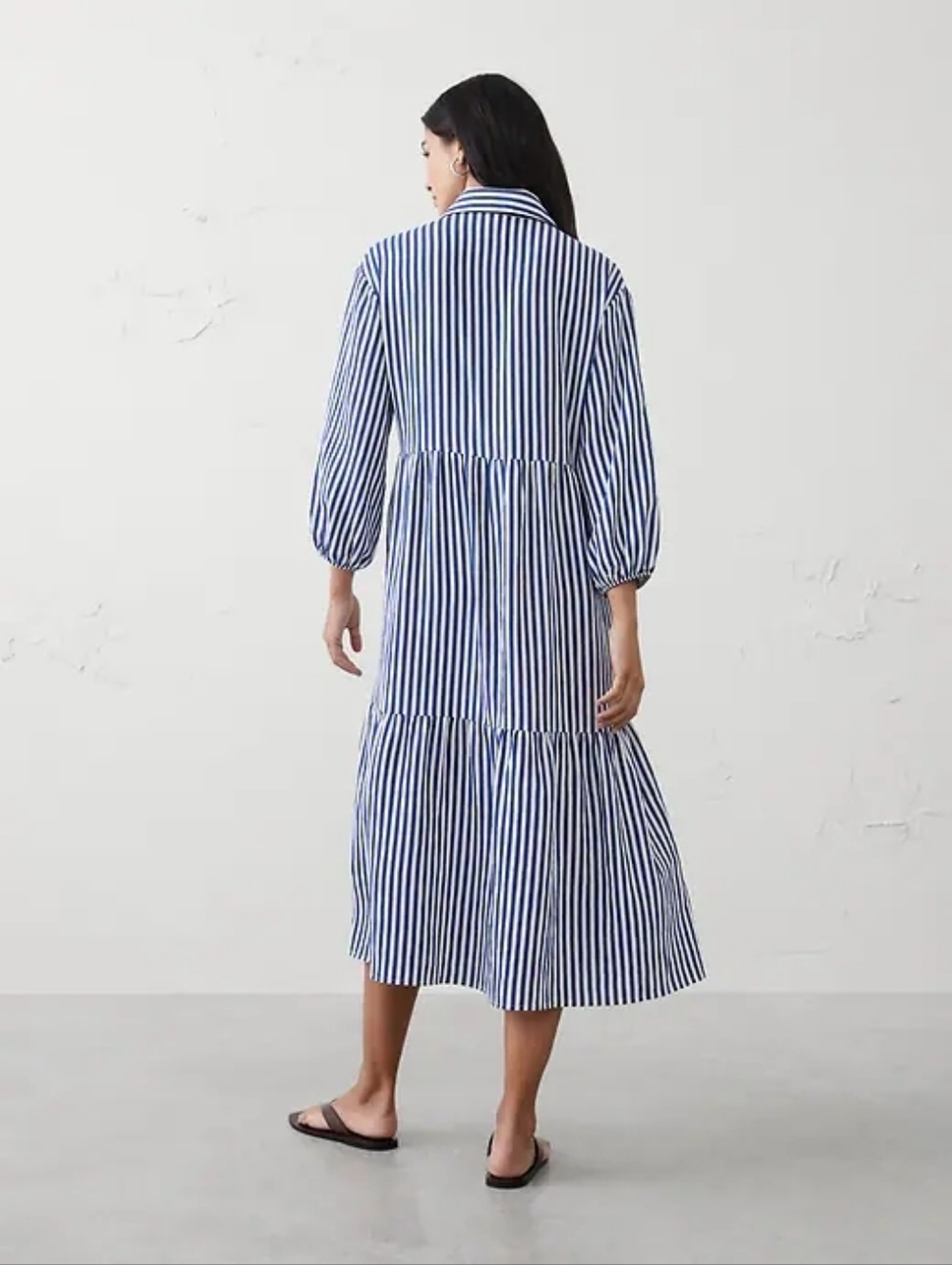 NWT Navy W/Creme Stripe Tiered Midi Shirtdress Size XXS Banana Republic Factory - Picture 2 of 5